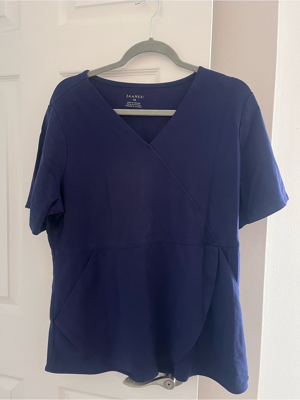 Jaanuu Navy Wrap-Style V-Neck Short Sleeve Top
